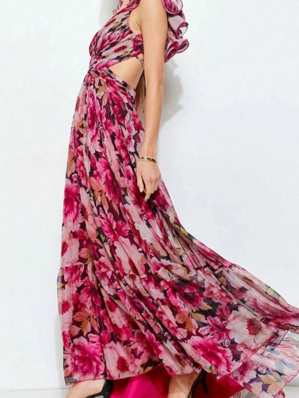 Hot Pink Elegant Women's Fairycore Floral Maxi Dress Ruched Waist - Picture 4 of 4
